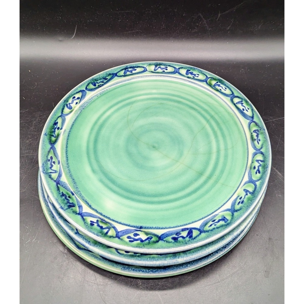 Set/3 Studio Art Pottery 10.5" Green Dinner Plate Handmade Signed